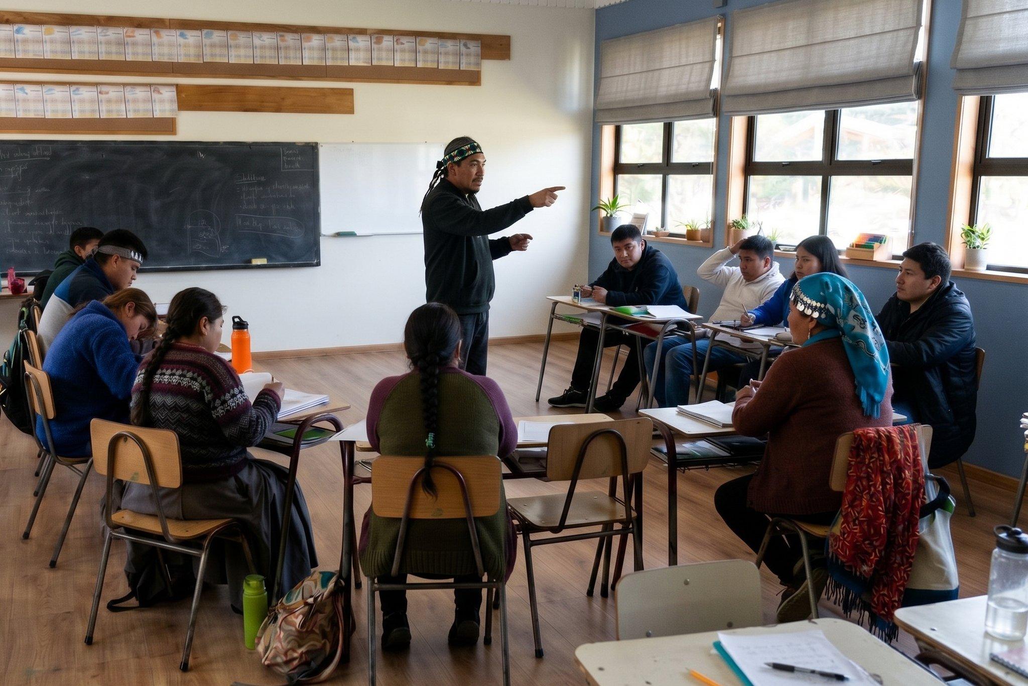 Clase de mapuzungun con estudiantes sentados en círculo